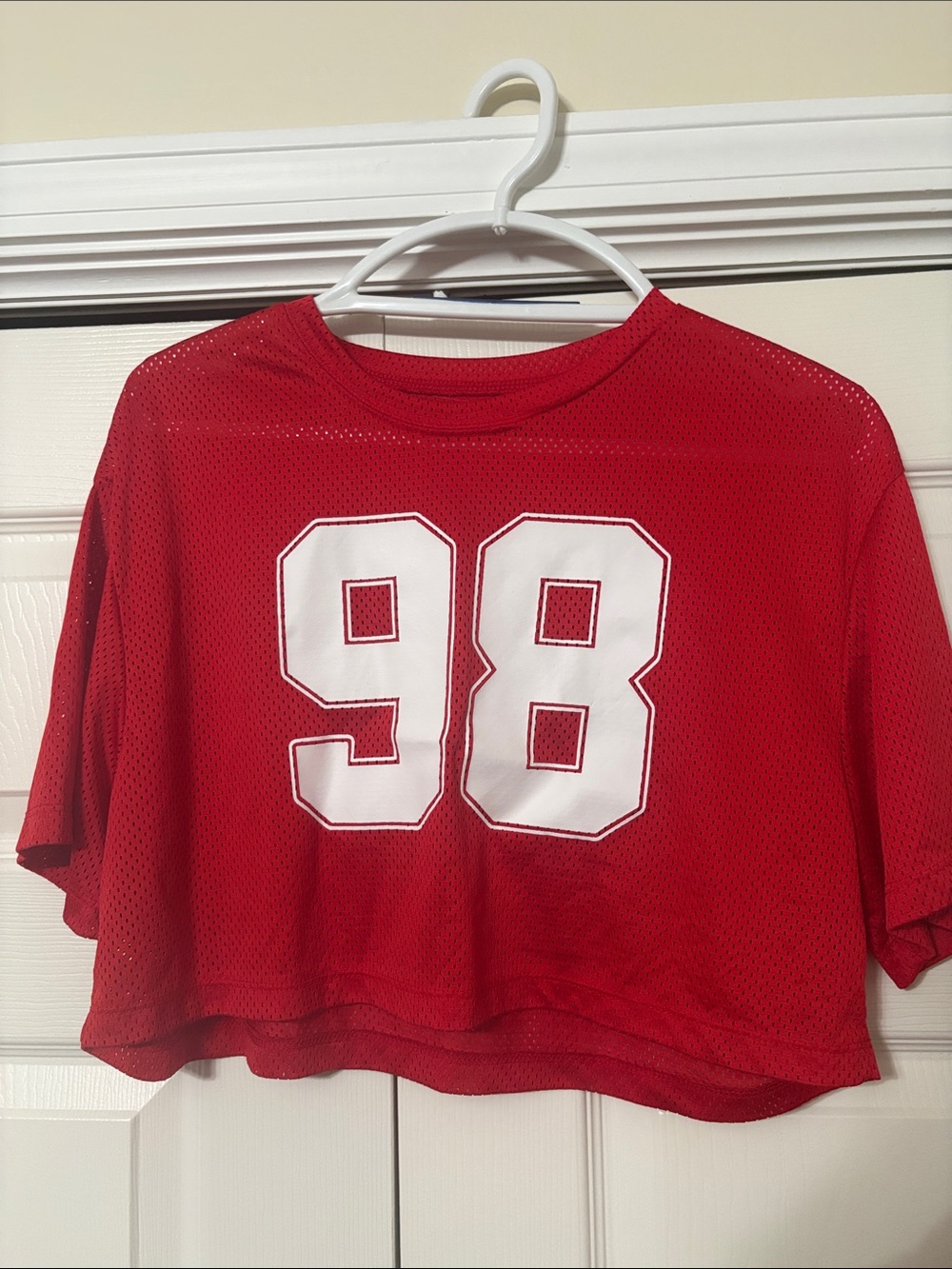 SHEIN Red Mesh Crop Top with White 98 Applique